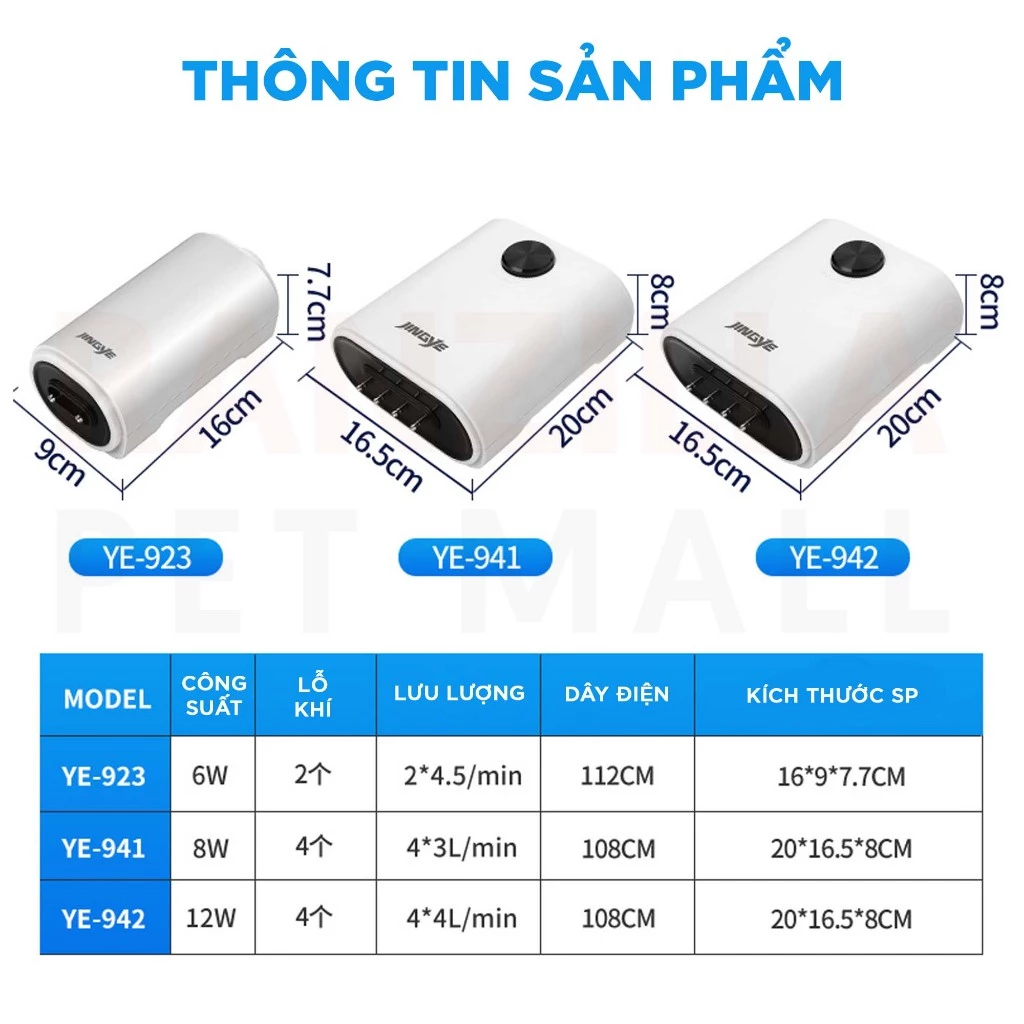 Máy Sủi Oxy Bể Cá Jingye YE911/YE918/YE921/YE922 28 Thông số máy sủi oxy bể cá Jingye