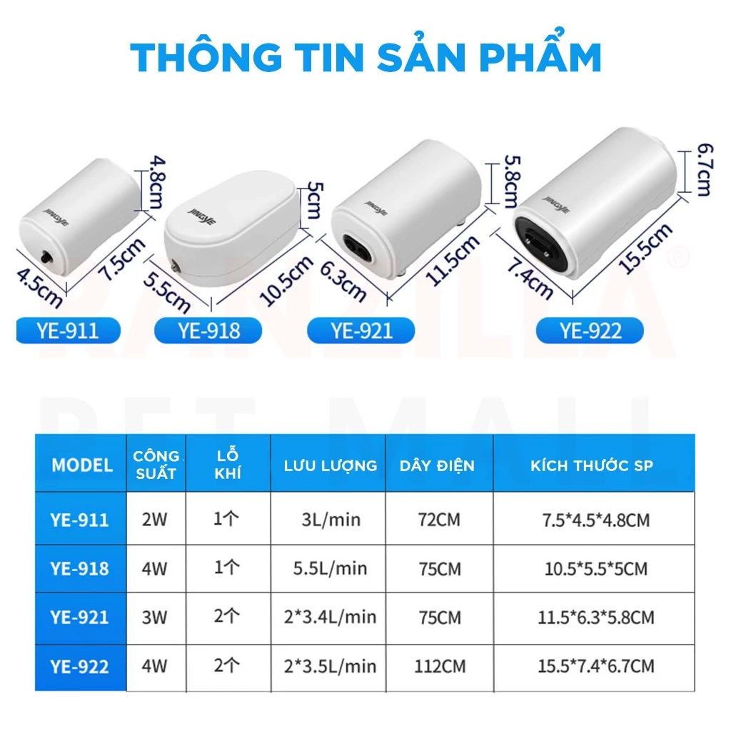 Máy Sủi Oxy Bể Cá Jingye YE911/YE918/YE921/YE922 27 Thông số máy sủi oxy bể cá Jingye
