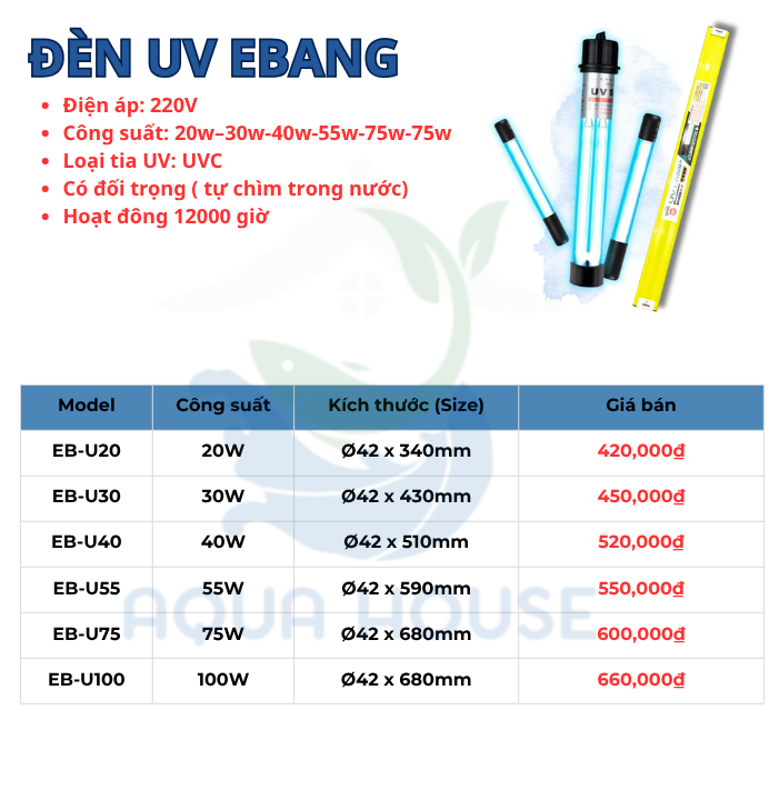 Cách Chọn Đèn UV Hồ Cá - Diệt Khuẩn Diệt Rêu-Tảo 17 Đèn UV Ebang bảng giá và thông số