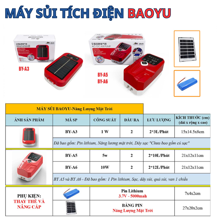 Máy Sủi Oxy Tích Điện Baoyu BY-A3 A5 A6 Tích Hợp Sạc Năng Lượng Mặt Trời 9 Thông số máy sủi oxy tích điện baoyu